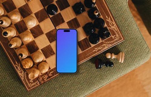iPhone mockup sobre a colocação do tabuleiro de xadrez