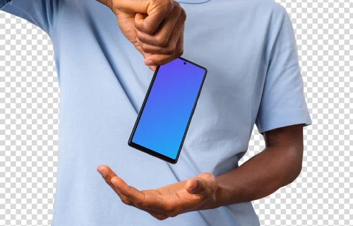 Man in light shirt holding Google Pixel mockup from the top