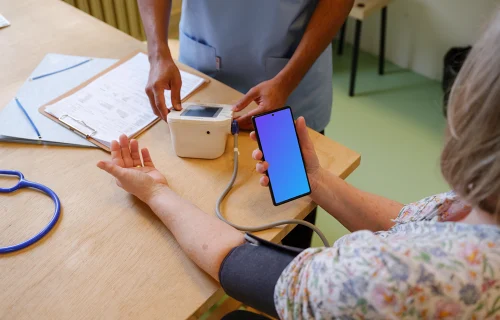 Paciente segurando um Google Pixel 6 em sua mão