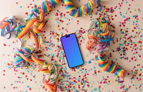 Smartphone mockup cercado por confetes de arco-íris