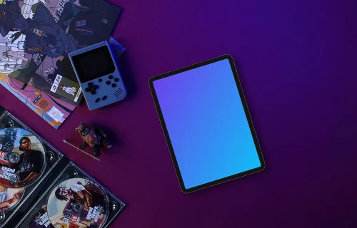 Tablet mockup with retro gaming theme