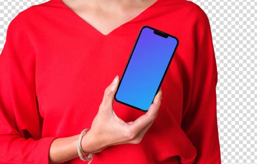 Mulher de camisa vermelha segurando o iPhone mockup em uma das mãos