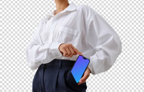 Mulher de negócios com um iPhone mockup no bolso