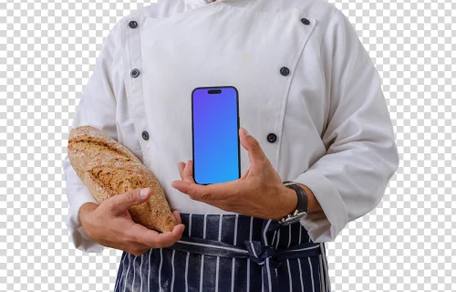 Chef holding firmly an iPhone and a bread