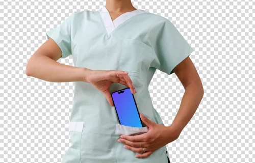 Médica com um iPhone mockup na mão