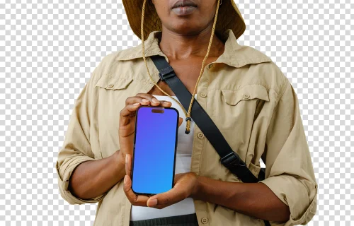 Female tourist holding a phone mockup