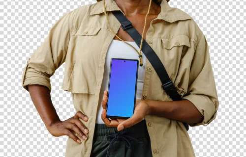Female traveler holding a Google Pixel 6 mockup