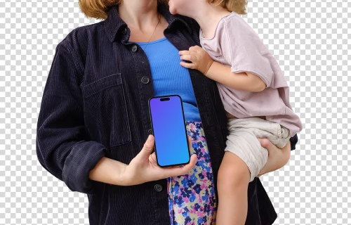Momento feliz entre mãe e filho com um iPhone mockup