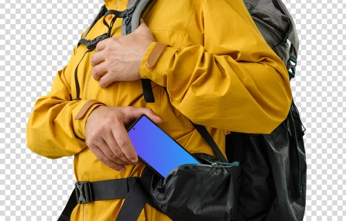Hiker dressed in yellow holding a Google Pixel mockup