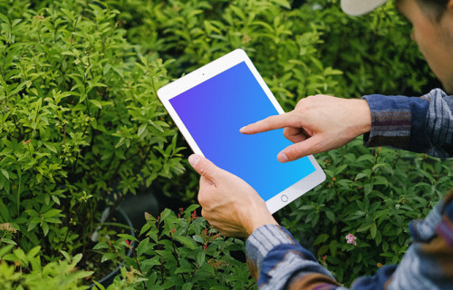 iPad Mini mockup segurado por um usuário em um jardim 