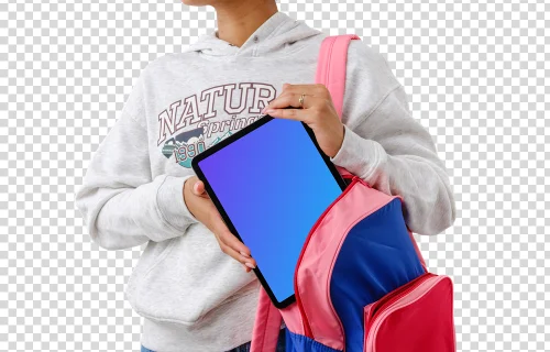 Student with an iPad mockup in her backpack