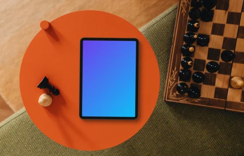 Tablet mockup com tema de jogos de tabuleiro