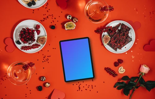 Tablet mockup with Valentine's backdrop