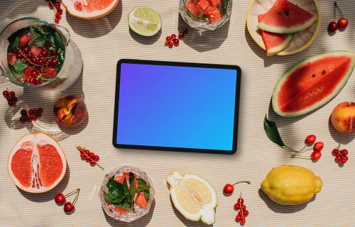 Vista superior do tablet em paisagem mockup com frutas