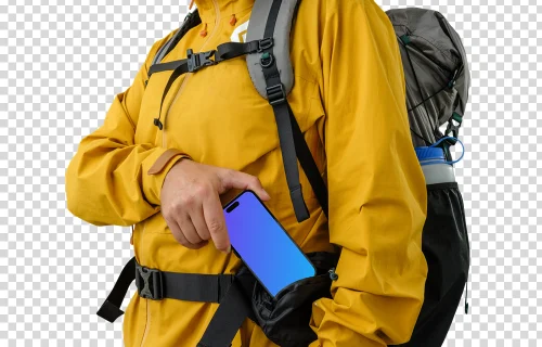 Tourist in yellow jacket with an iPhone mockup in hand