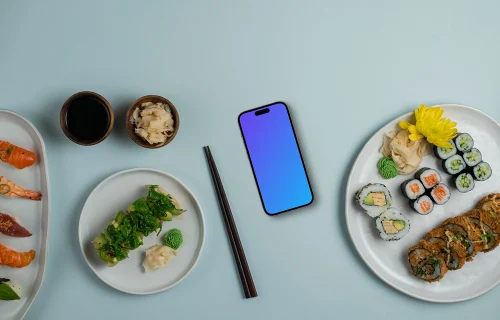 Several sushi rolls with Smartphone mockup