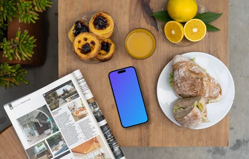 Smartphone mockup in a cafe with sandwiches