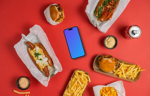 Smartphone mockup cercado por fast food
