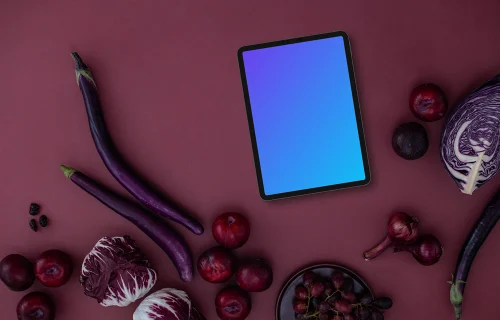 Tablet mockup with food in Viva Magenta color shade