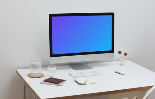 iMac mockup configuração do espaço de trabalho com mesa e cadeira