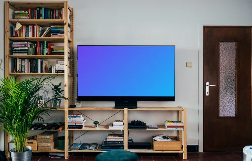 Televisão mockup em um suporte de mesa de madeira